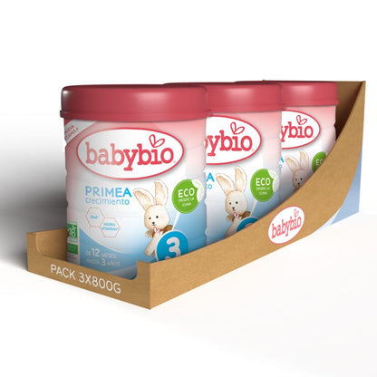 Pack 3 uds Leche Crecimiento Primea 3 (de 12 meses a 3 años) Ecológica Babybio 800 g