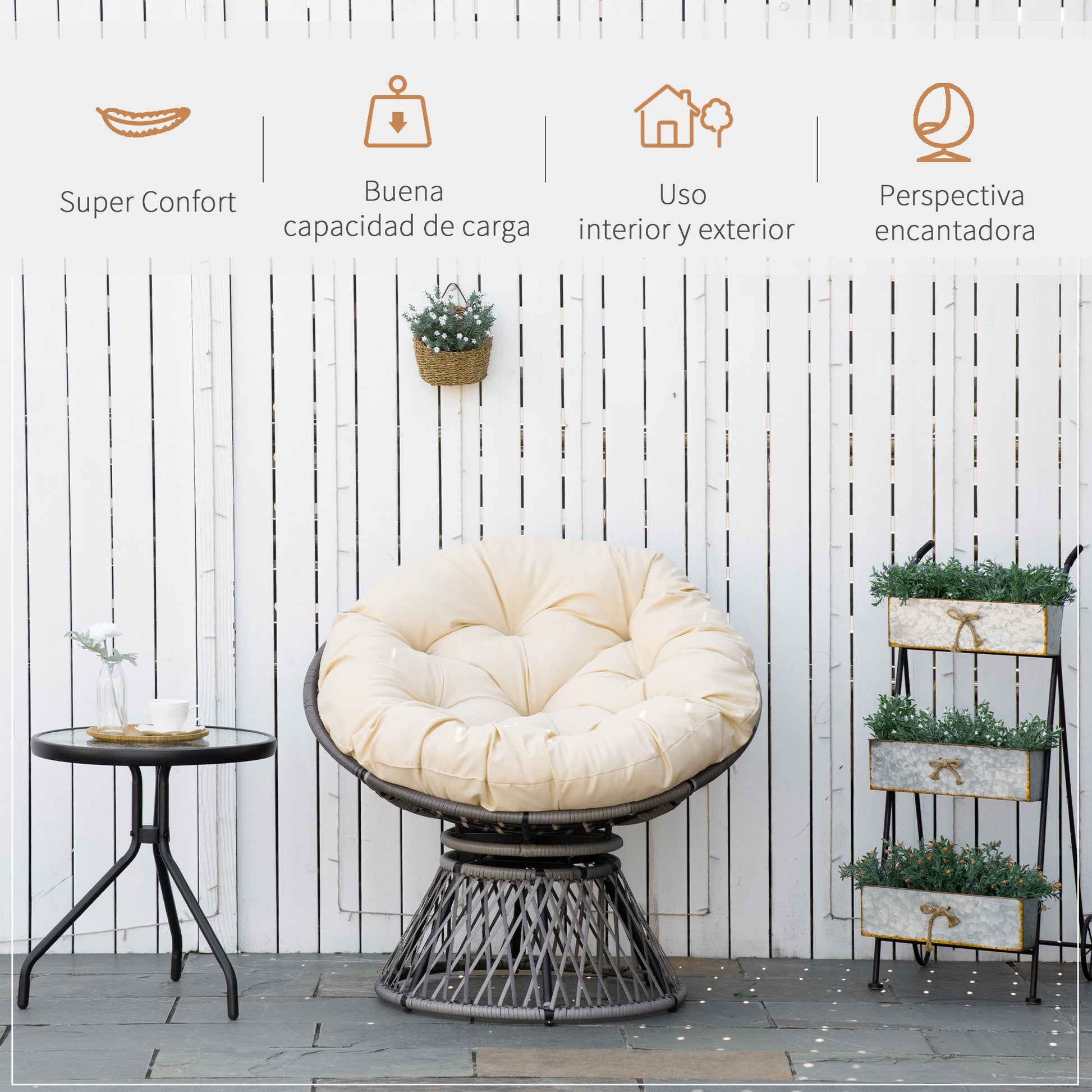 Outsunny Silla Giratoria De Ratán Sintético Con Cojín 87x97x86 Cm Gris Y Crema_5