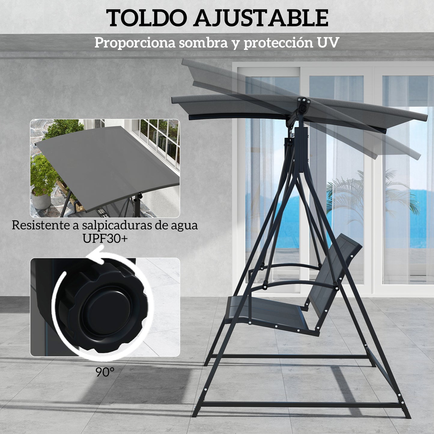 Outsunny Columpio De Jardín De 2 Plazas Con Toldo Ajustable 160x112x162 Cm Gris_3