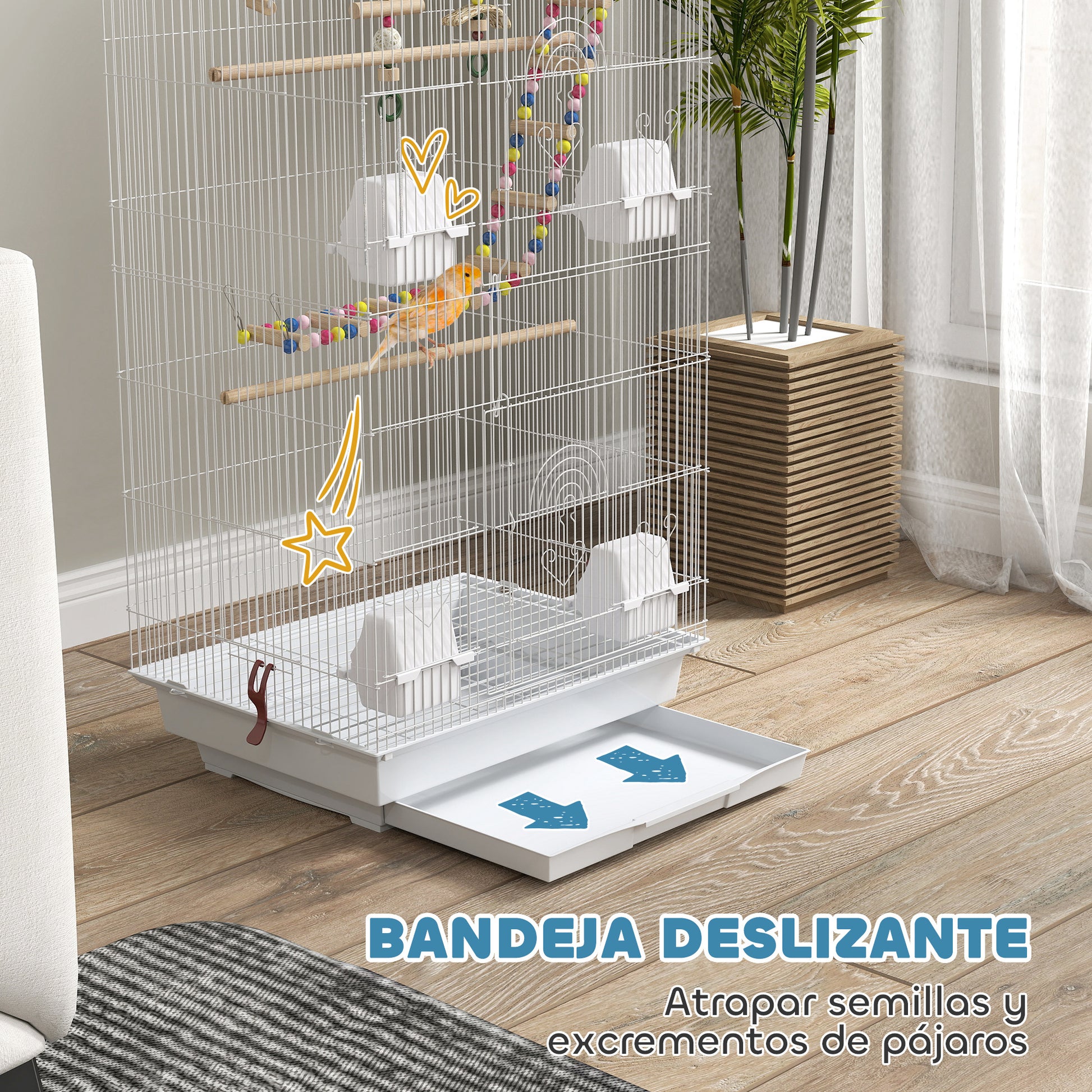 Pawhut Jaula Para Pájaros Con Puertas 4 Comederos Columpio 46x36x100 Cm Blanco_4