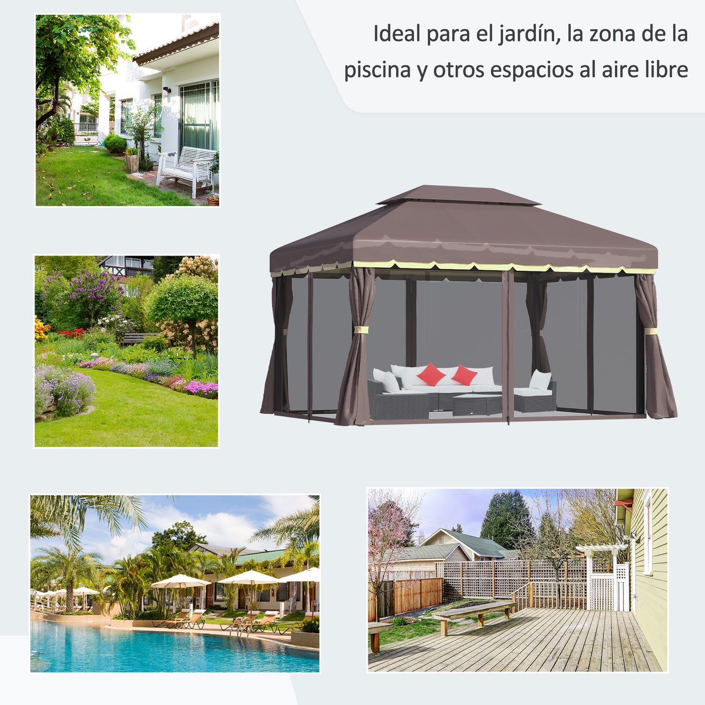 Outsunny Cenador De Jardín 4x3 M Con Doble Techo 4 Cortinas 4 Mosquiteras Café_5