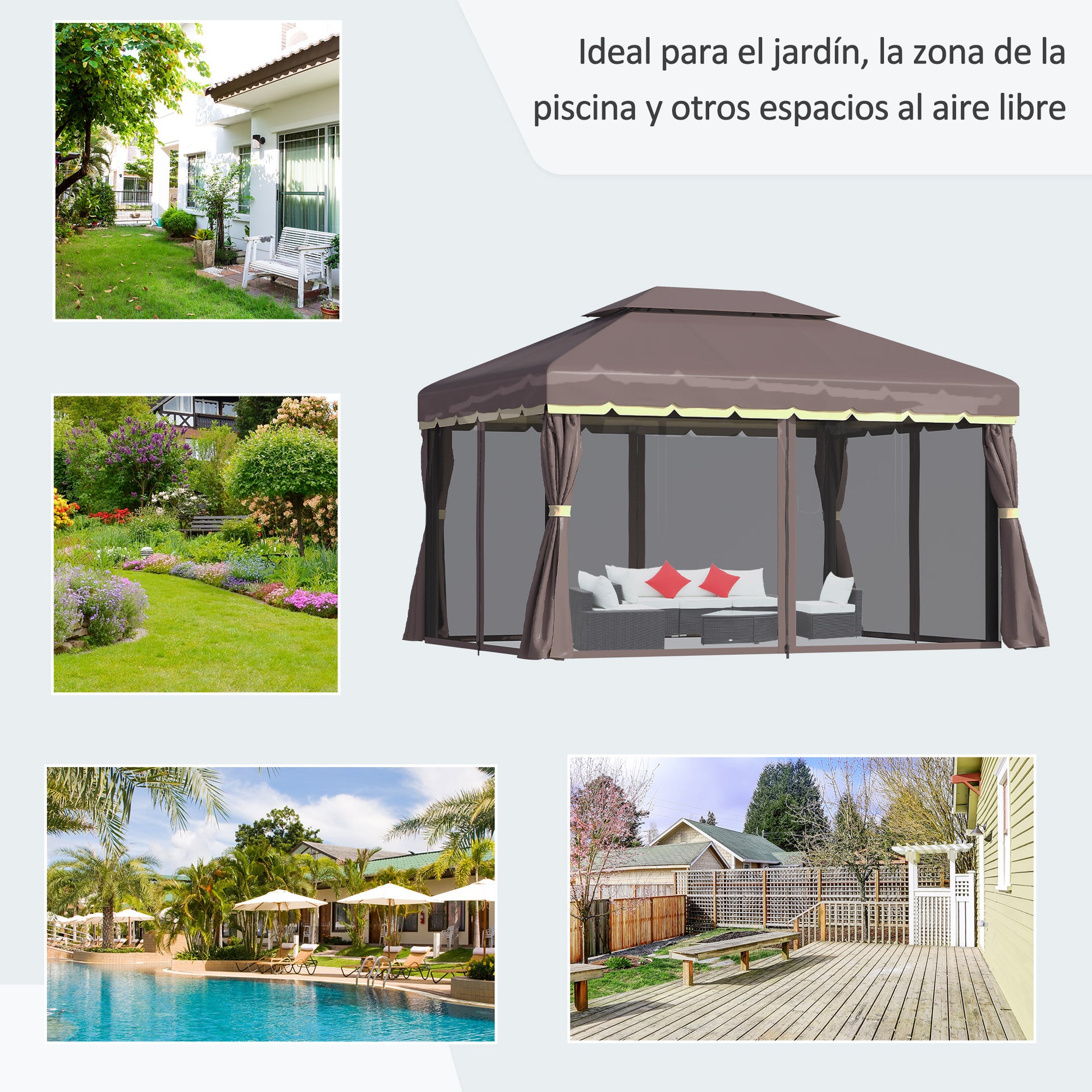 Outsunny Cenador De Jardín 4x3 M Con Doble Techo 4 Cortinas 4 Mosquiteras Café_5