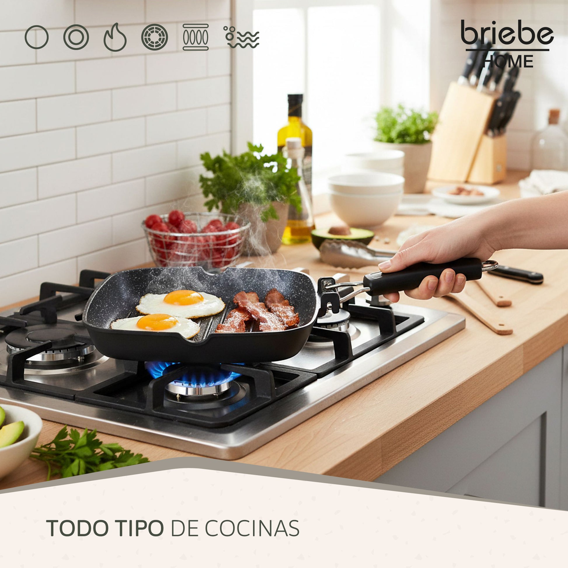 Briebe Grill Asador, Inducción, Antiadherente Titanio 20x20cm Aluminio Fundido Sin Pfoa Mango Plegable, Gp1157, Negro_4