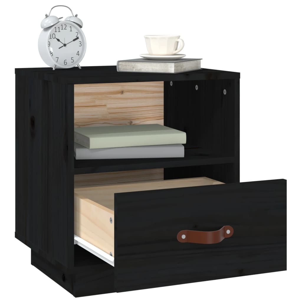 Mesita De Noche Madera Maciza De Pino Negro 40x34x45 Cm_3