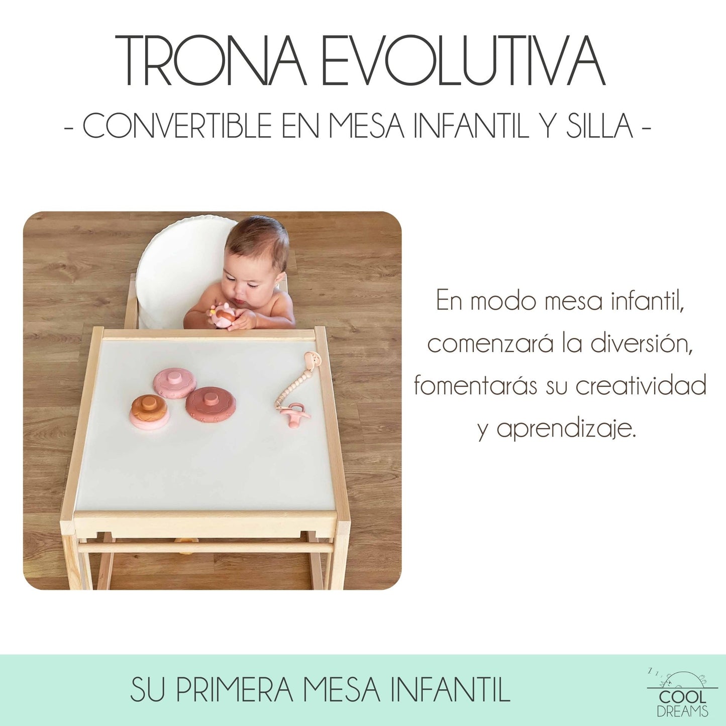 Trona Evolutiva Bebe Portatil De Madera De Haya Evoluonge. Convertible En Mesa Y Silla Infantil. Asiento Acolchado