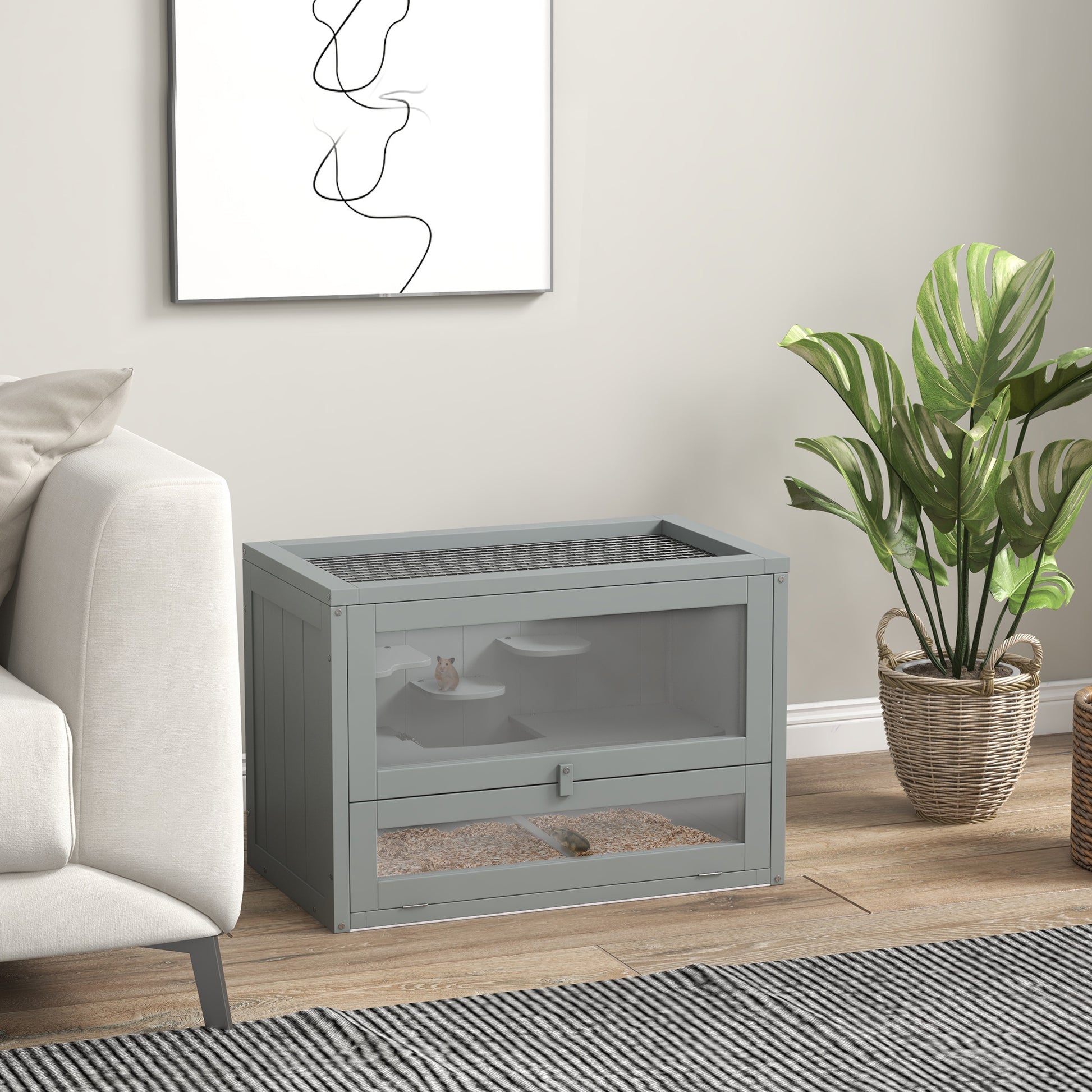 Pawhut Jaula Para Hámster De Madera Con Plataformas Escaleras 60x35x42 Cm Gris_1