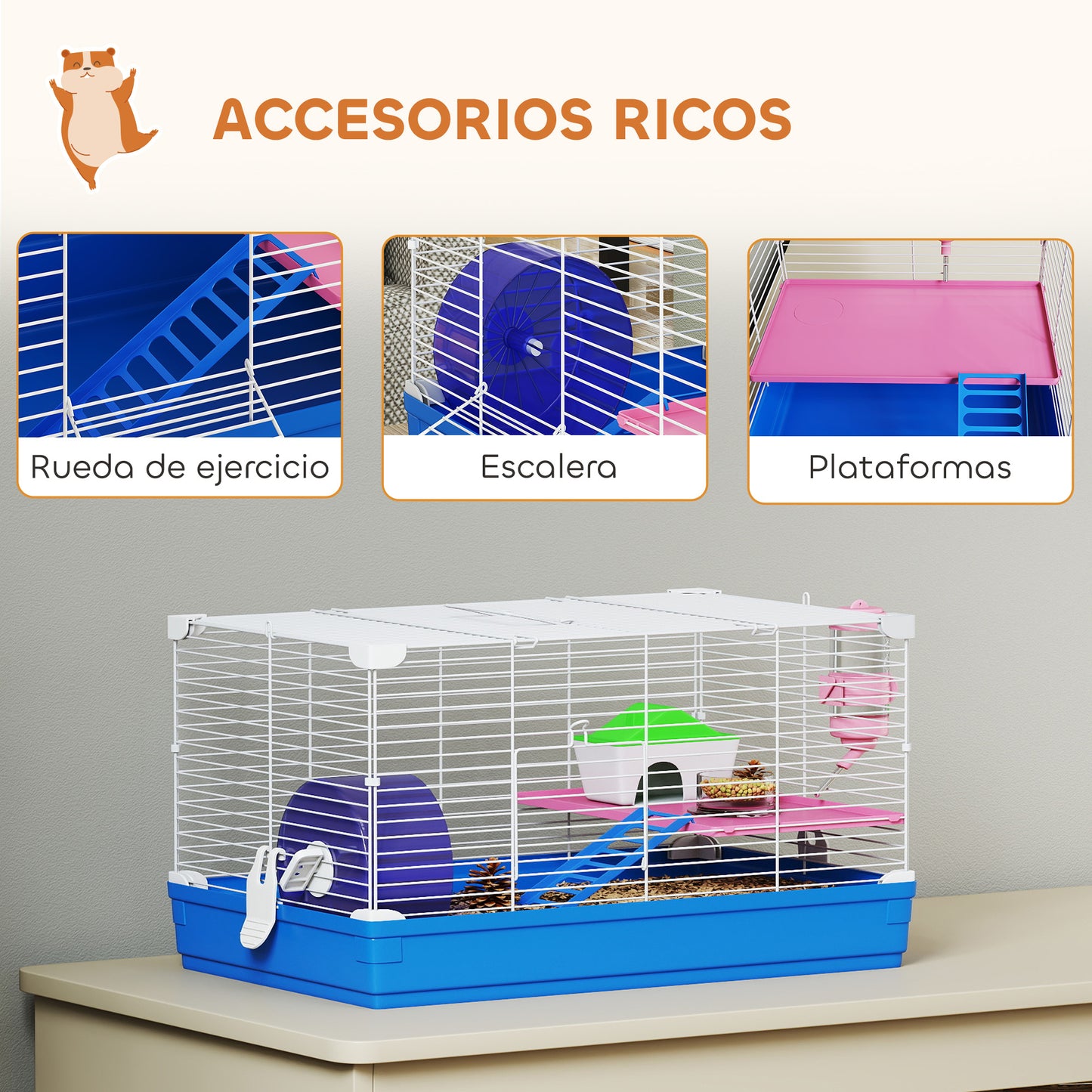Pawhut Jaula Para Hámster Con Rueda De Ejercicio Cuenco Bebedero Casita Azul_5