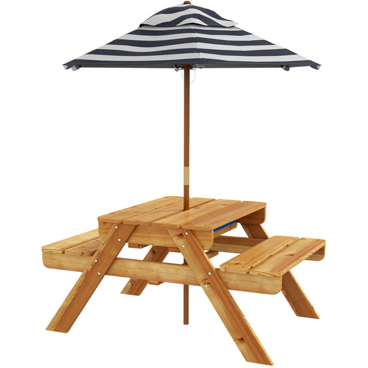 Outsunny Mesa De Picnic Para Niños Con Sombrilla Y Arenero 89x80,5x142,5 Cm Teca_0