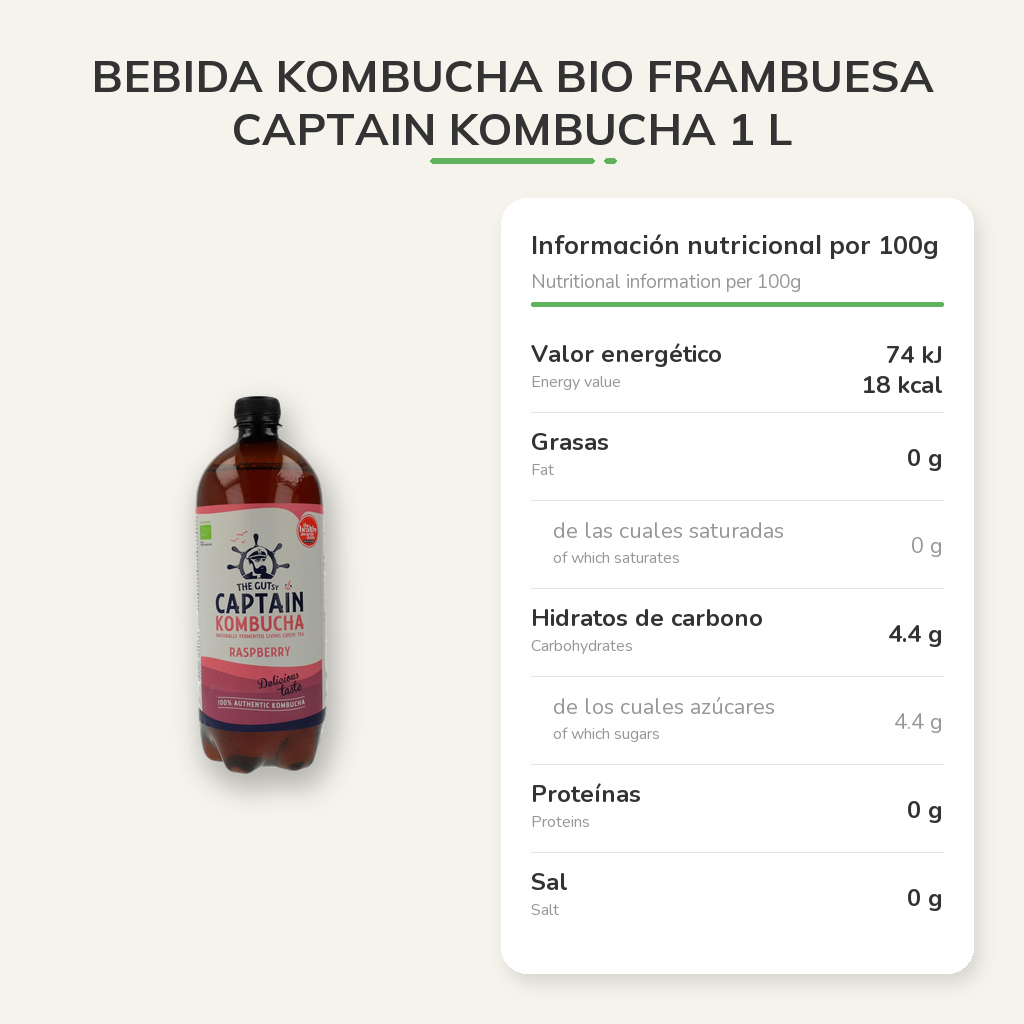 Bebida Kombucha BIO frambuesa Captain Kombucha 1 L en Planeta Huerto