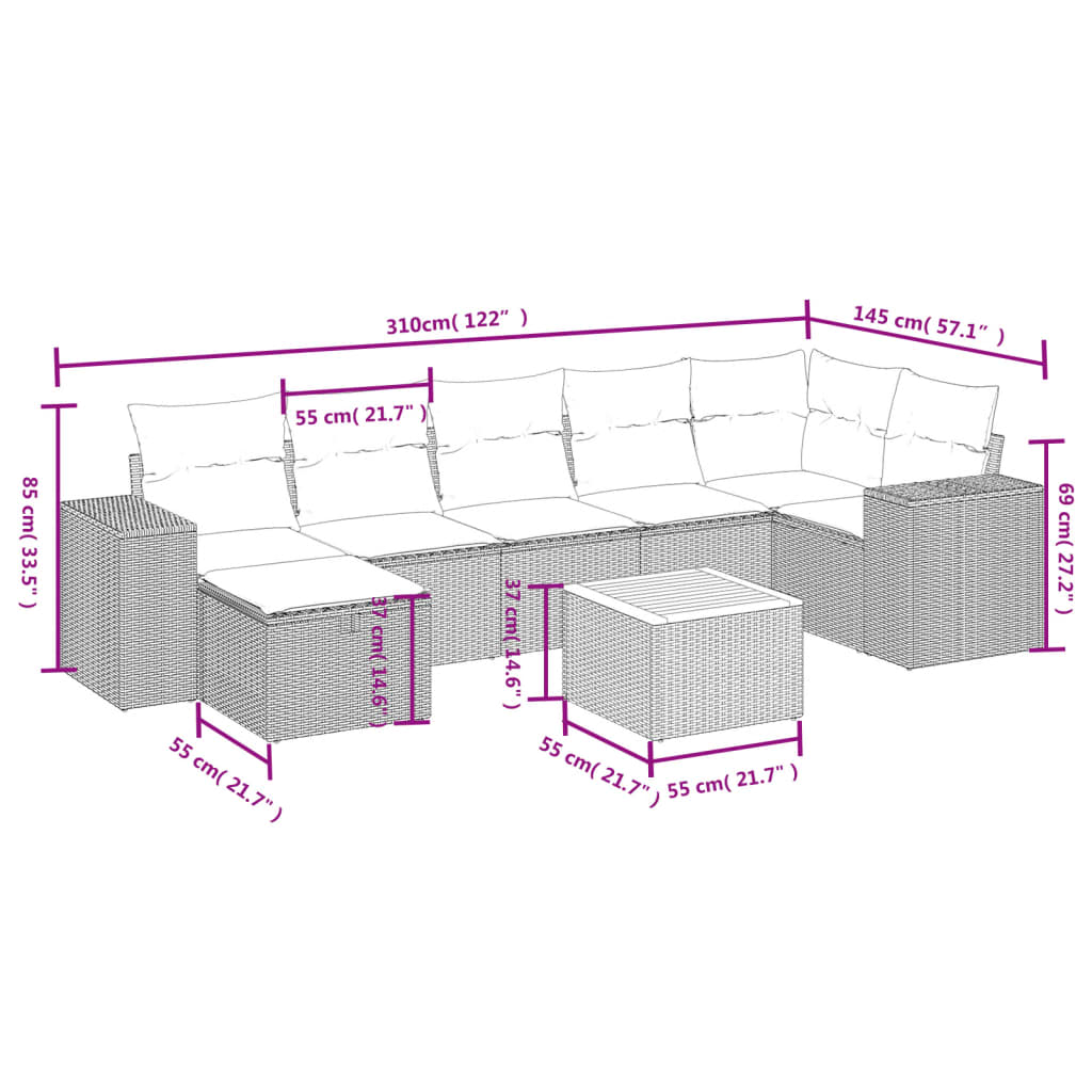 Set De Sofás De Jardín 8 Pzas Y Cojines Ratán Sintético Gris / Vetonek_2