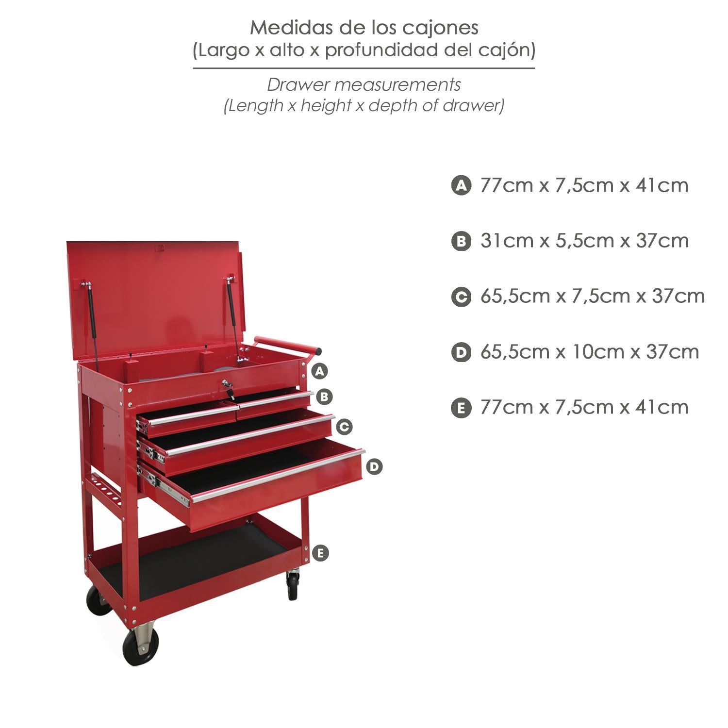 Carro Portaherramientas Metalico 86x44x99 Cm. Con 4 Cajones Y 2 Bandejas