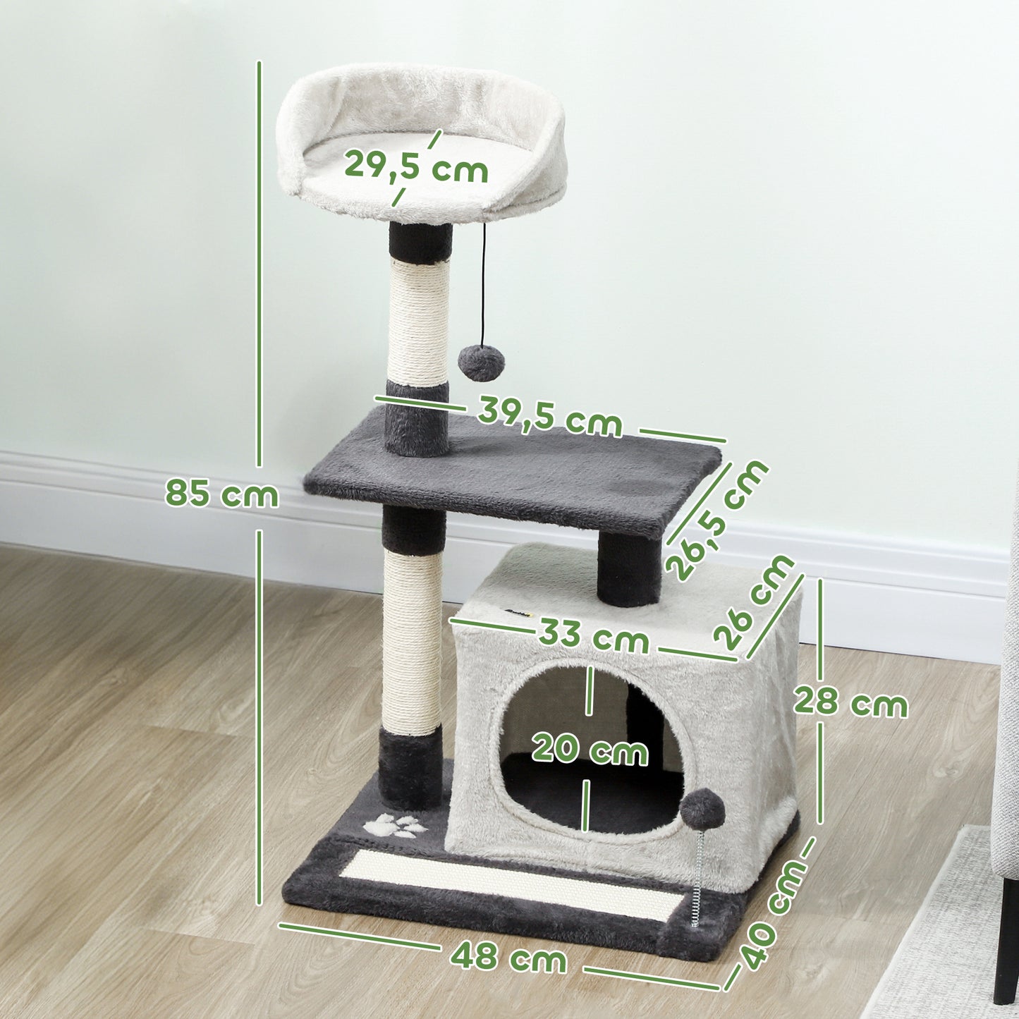 Pawhut Árbol Rascador Para Gatos 85 Cm Con Plataformas Cueva Gris Claro Y Negro_2