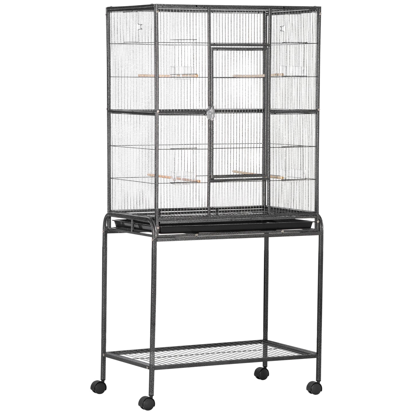 Pawhut Jaula Para Pájaros Con 4 Comederos Ruedas 81x48x162,5 Cm Negro Y Gris_0