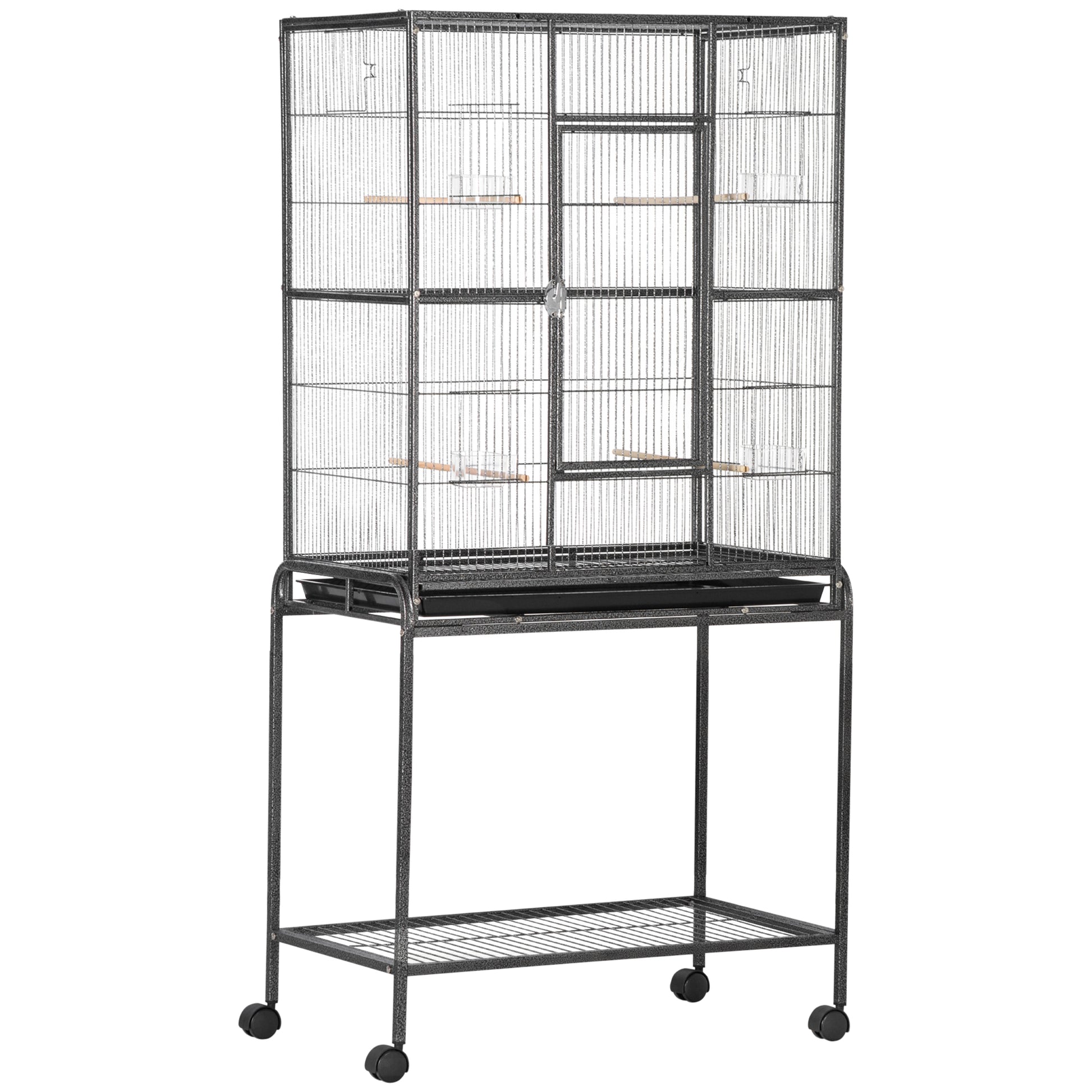 Pawhut Jaula Para Pájaros Con 4 Comederos Ruedas 81x48x162,5 Cm Negro Y Gris_0