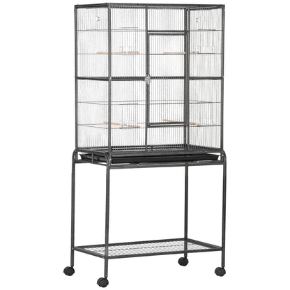 Pawhut Jaula Para Pájaros Con 4 Comederos Ruedas 81x48x162,5 Cm Negro Y Gris_0
