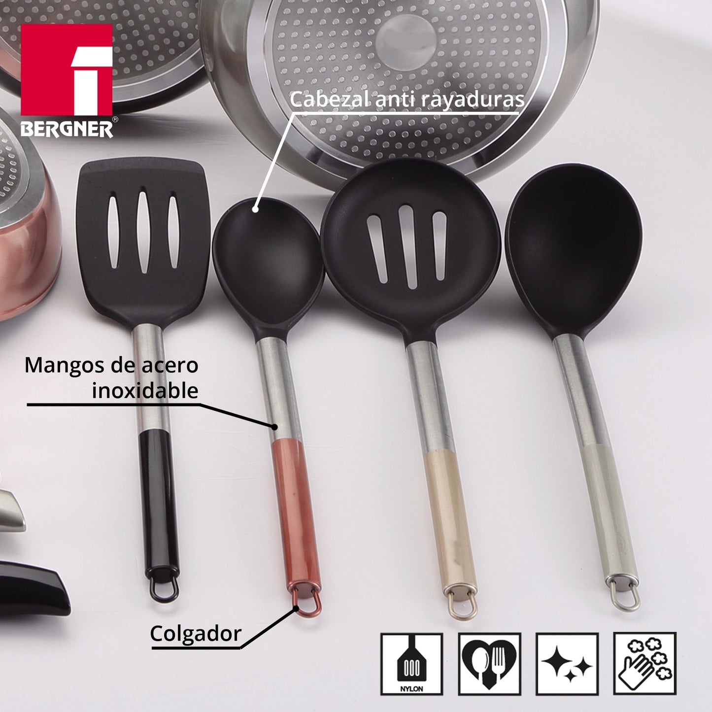 Pack De 3 Sartenes San Ignacio Ø16cm Ø20cm Ø24cm + Set De 4pc De Utensilios De Cocina En Nylon_4