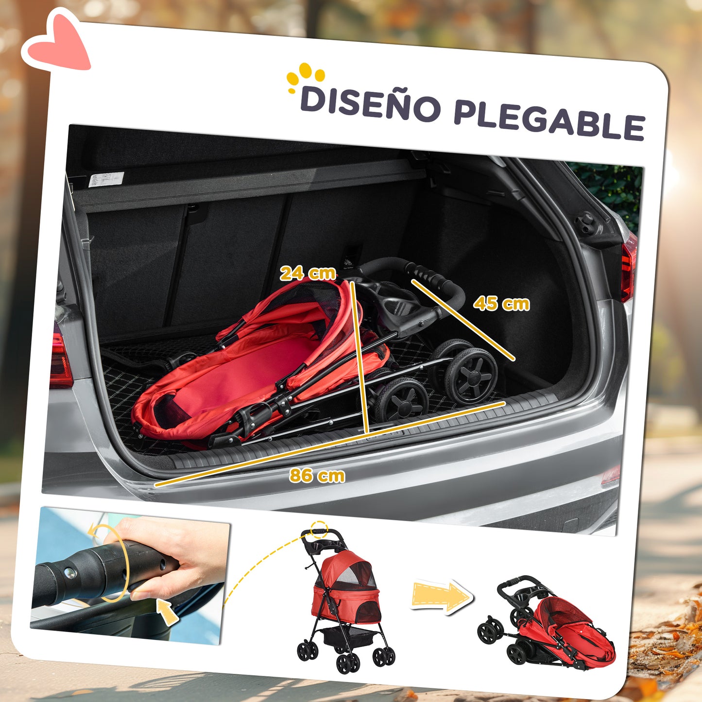 Pawhut Cochecito Para Perros Plegable Con Ruedas Universales 67x45x96 Cm Rojo_4