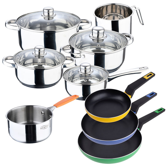 Set 13 Pcs Compuesto Por Batería De Cocina Acero Inoxidable + Set De 3 Sartenes De Alumnnio Prensado + Cazo 16cm Acero Inoxidable_0