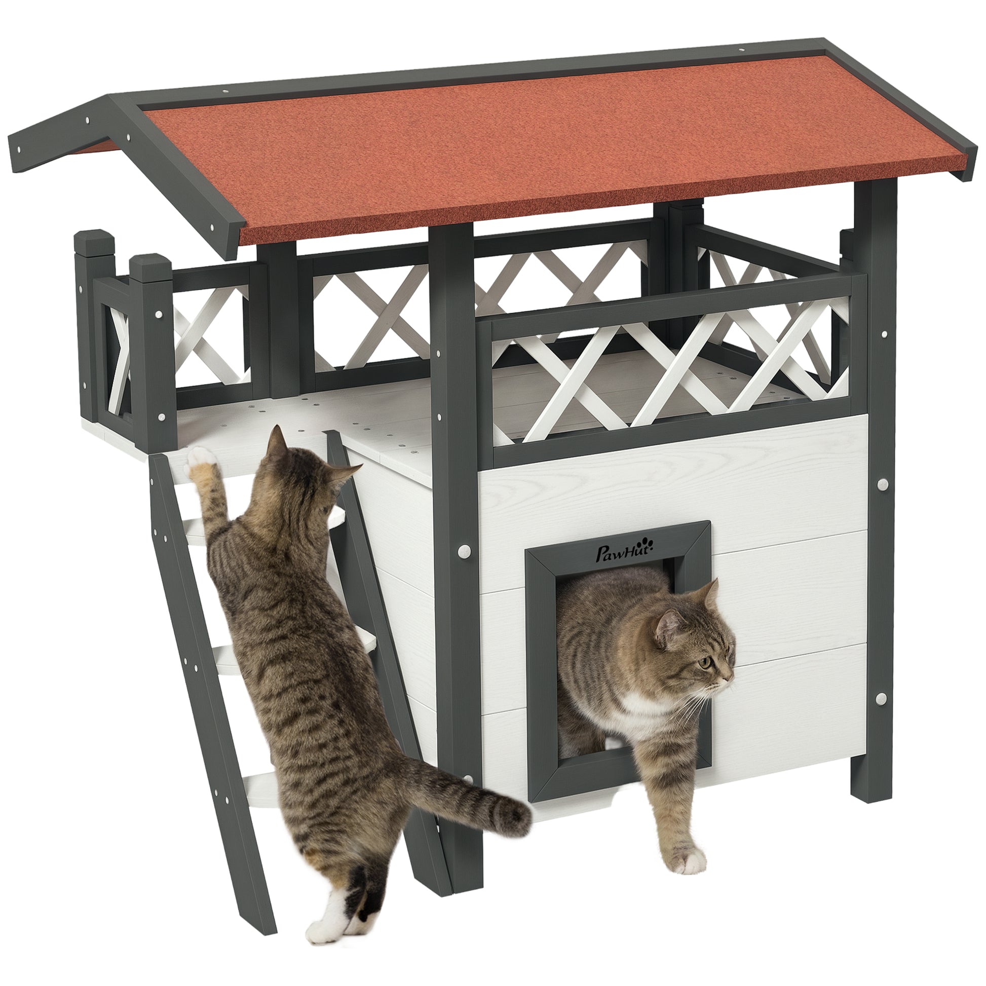 Pawhut Casa Para Gatos De Madera 77x50x73 Cmcon Techo Asfáltico Escalera Blanco_0