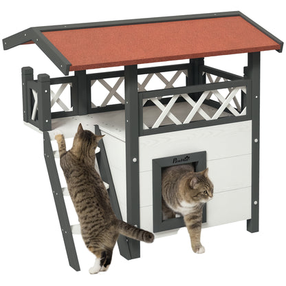 Pawhut Casa Para Gatos De Madera 77x50x73 Cmcon Techo Asfáltico Escalera Blanco_0