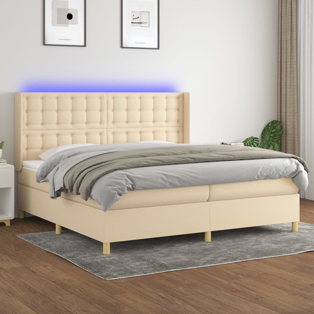 Cama Box Spring Colchón Y Luces Led Tela Crema 200x200 Cm / Vetonek_4