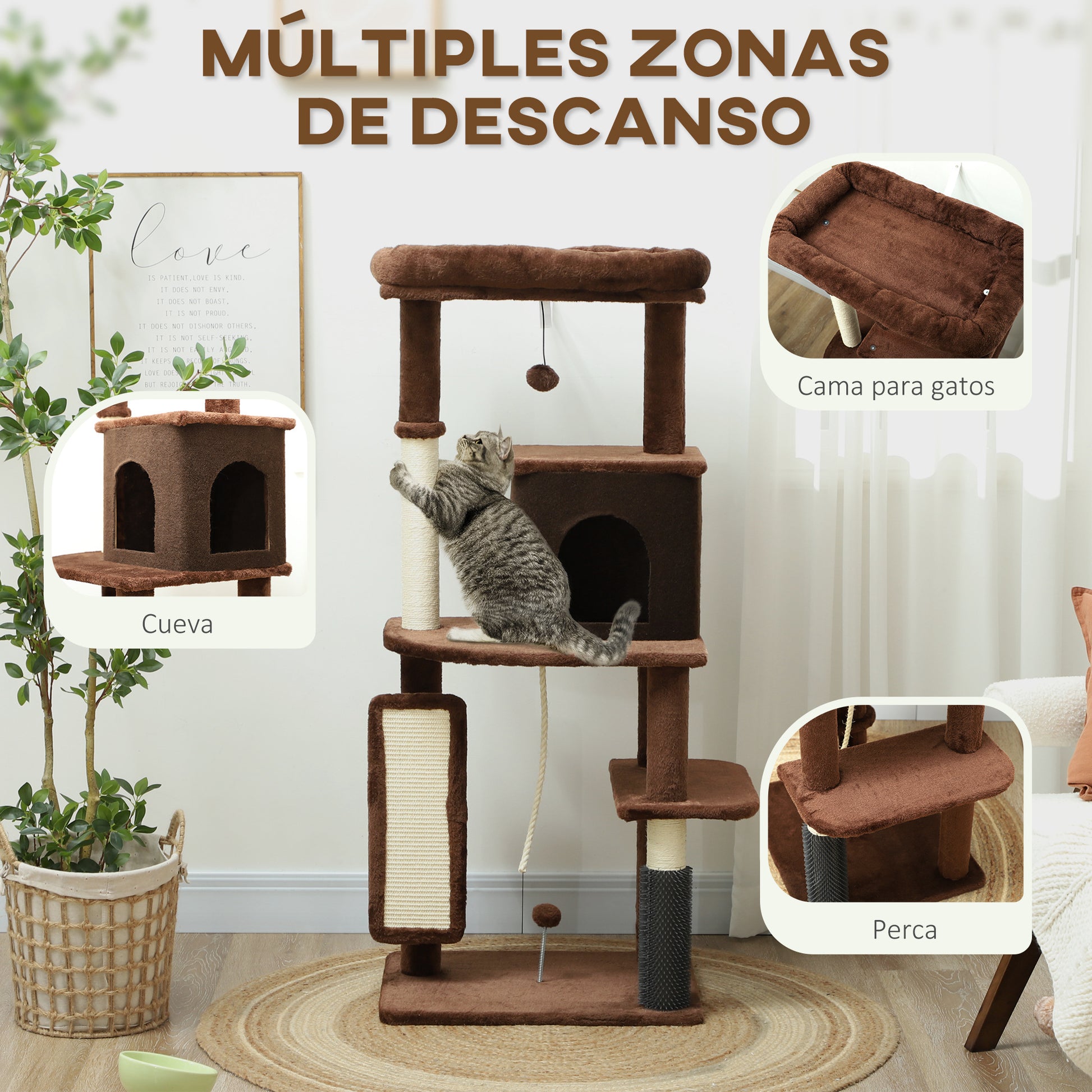 Pawhut Árbol Rascador Para Gatos Grande Altura 132 Cm Marrón_3