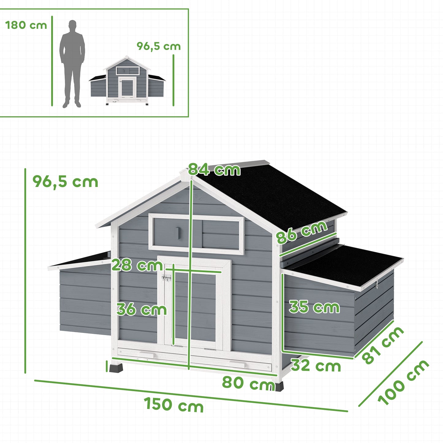 Pawhut Gallinero De Madera Para Exterior Con 2 Nidos 150x100x96,5 Cm Gris_2