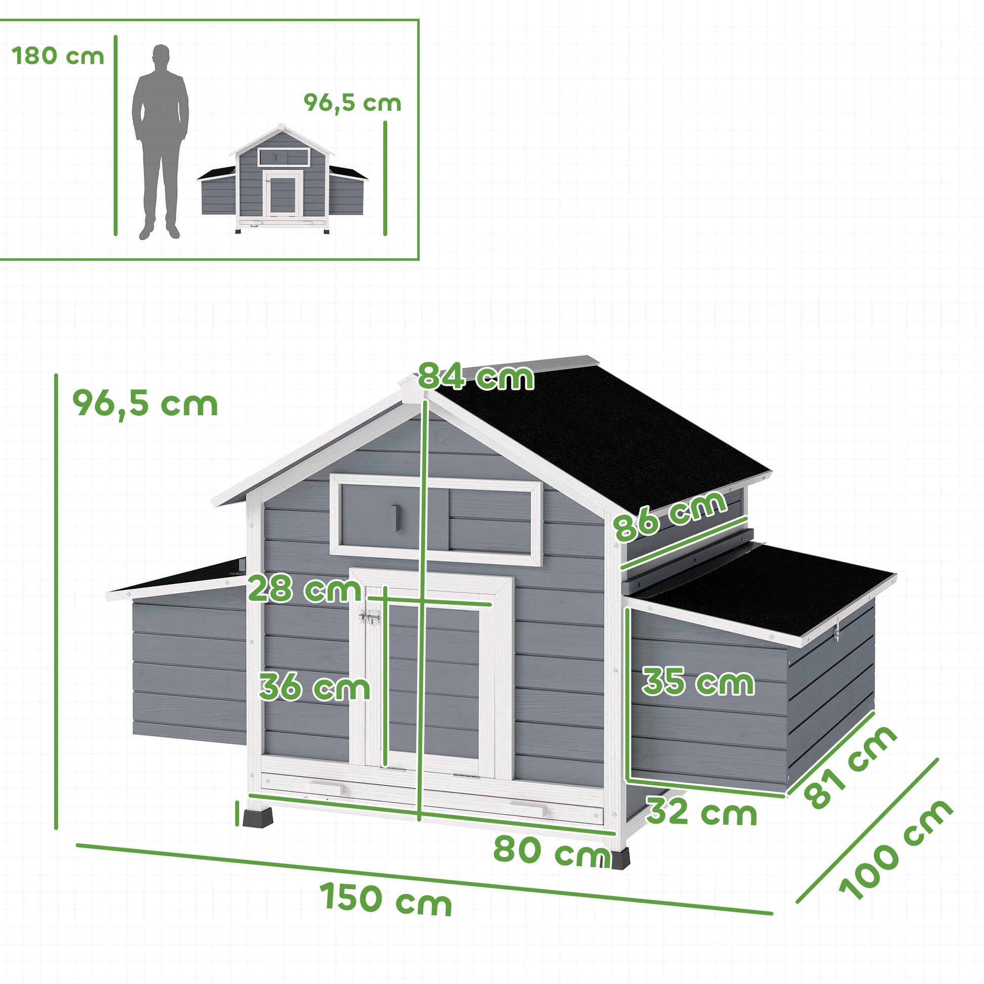 Pawhut Gallinero De Madera Para Exterior Con 2 Nidos 150x100x96,5 Cm Gris_2