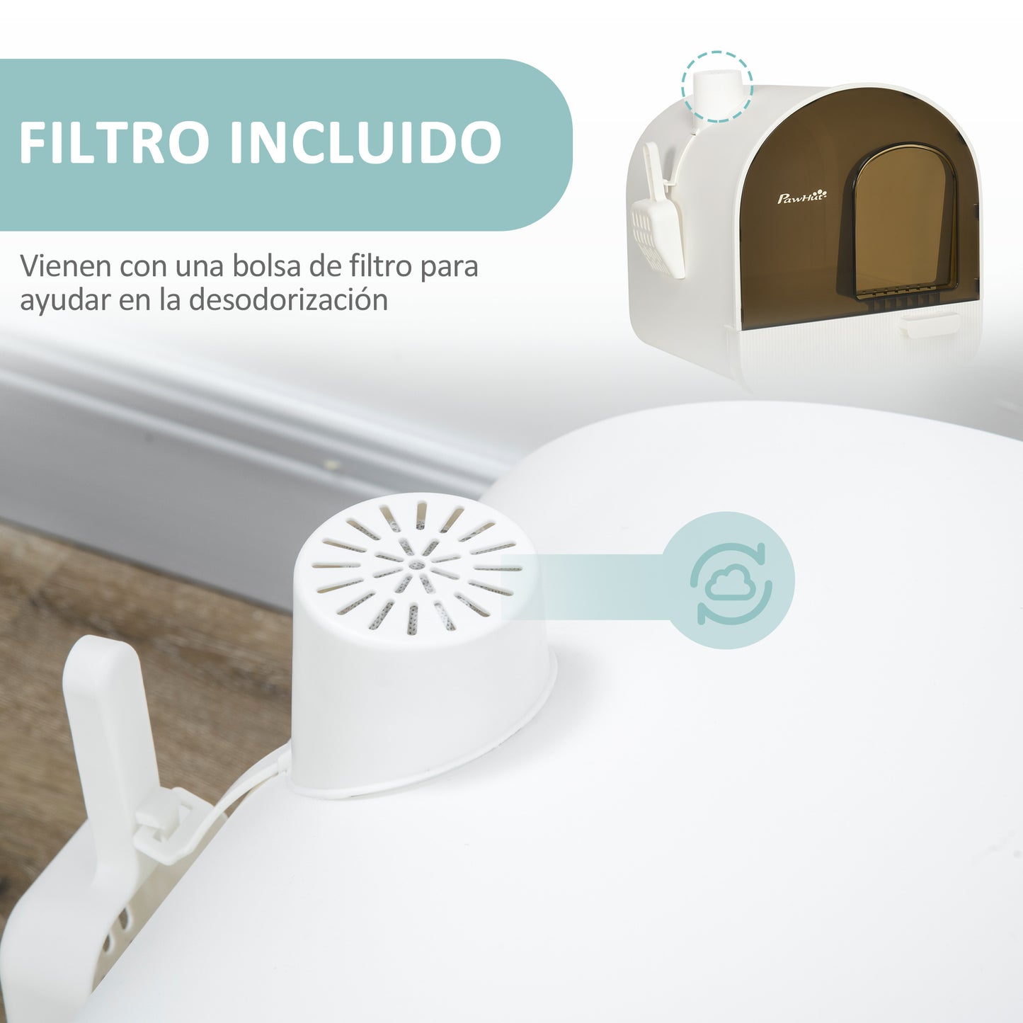Pawhut Arenero Para Gatos Con Bandeja Extraíble Pala Alfombra 43x44x47cm Blanco_5
