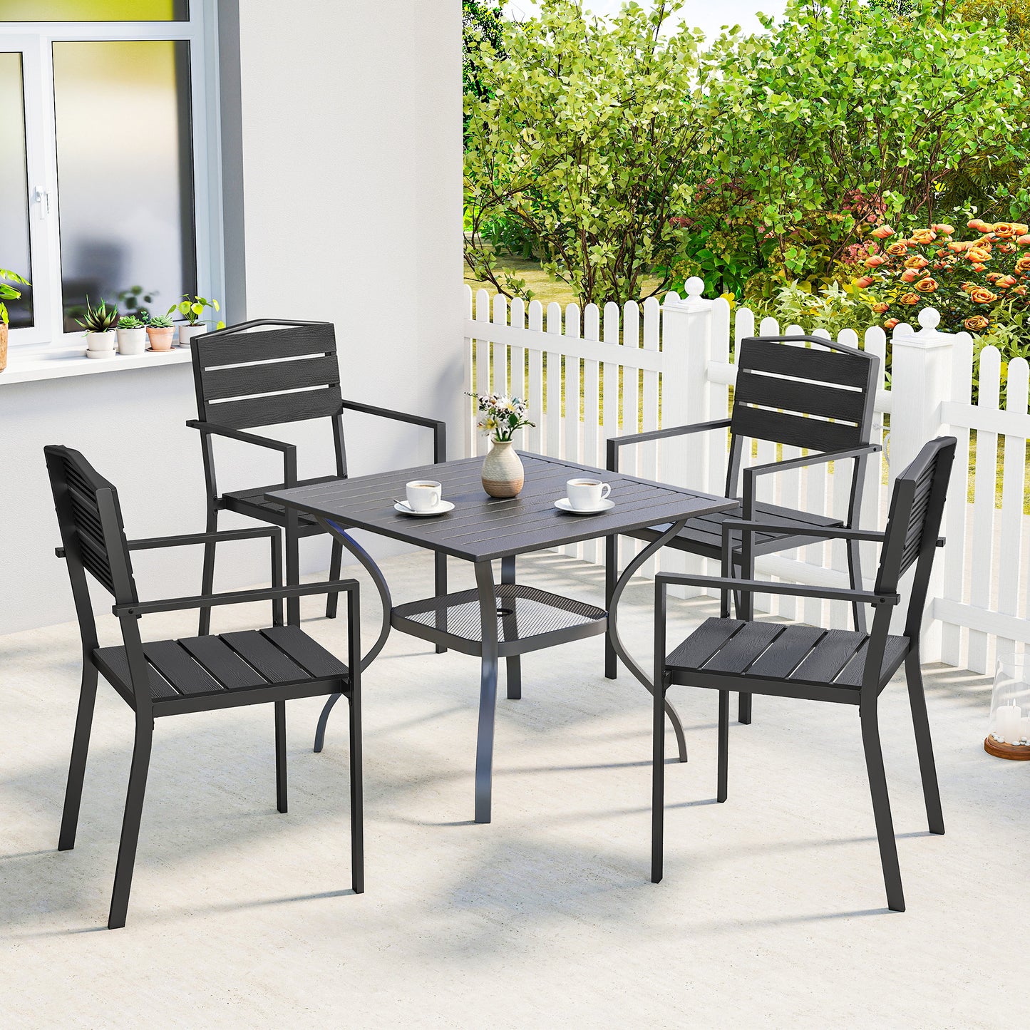 Outsunny Juego De 4 Sillas De Jardín Exterior Apilables 52x51x90 Cm Negro_1