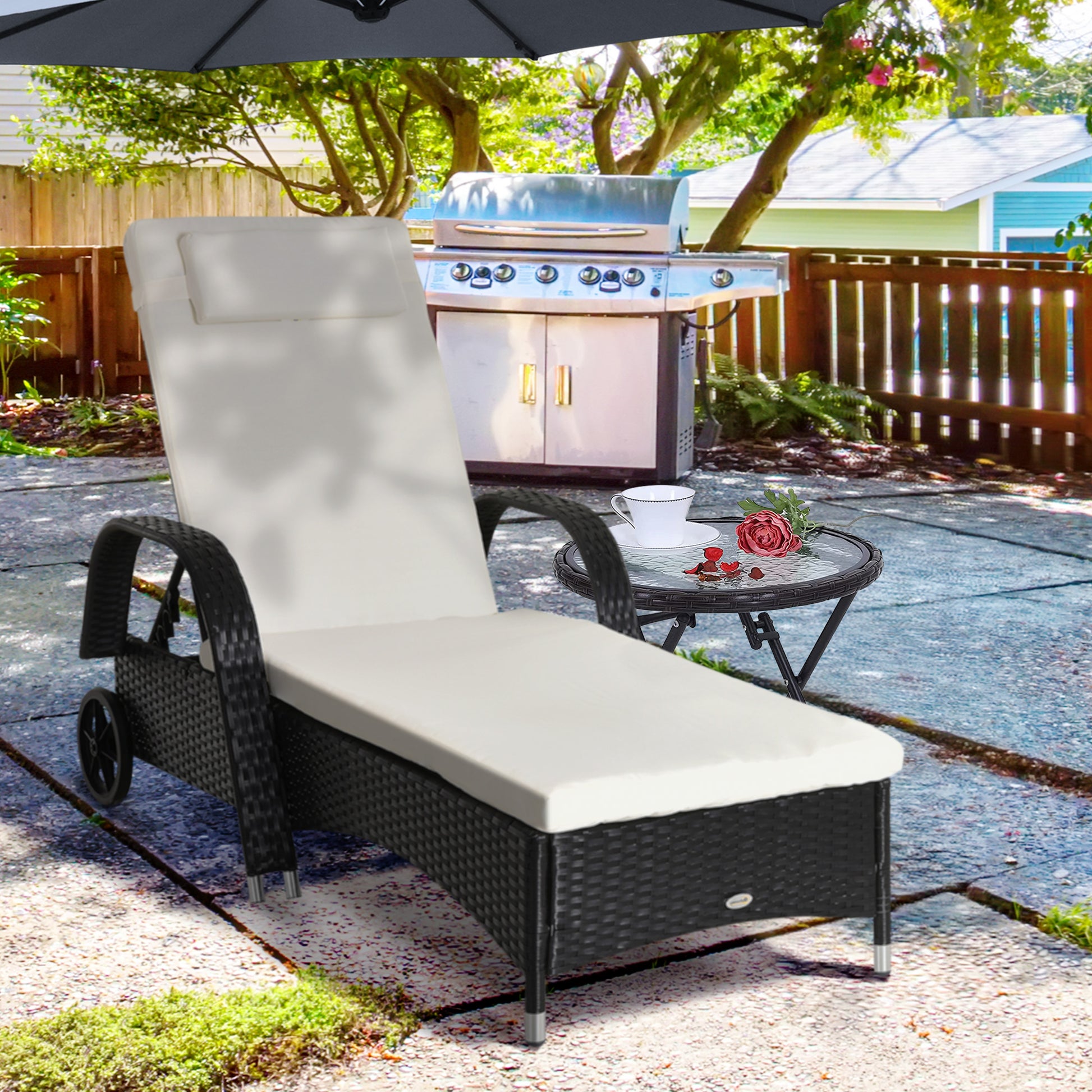Outsunny Tumbona De Ratán Jardín Con Respaldo Ajustable Cojines 2 Ruedas Negro_1