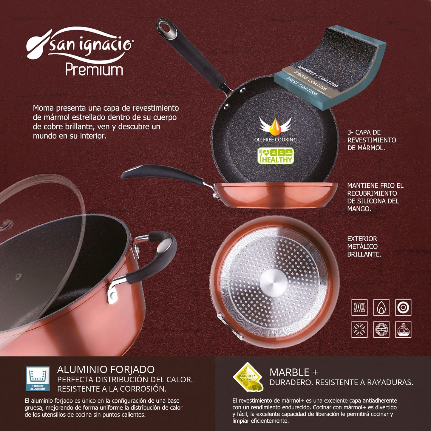 Sartén Ø20 X 4,2 Cms. Aluminio Forjado, Color Cobre Metalizado, Mango Revestido Con Silicona, Inducción