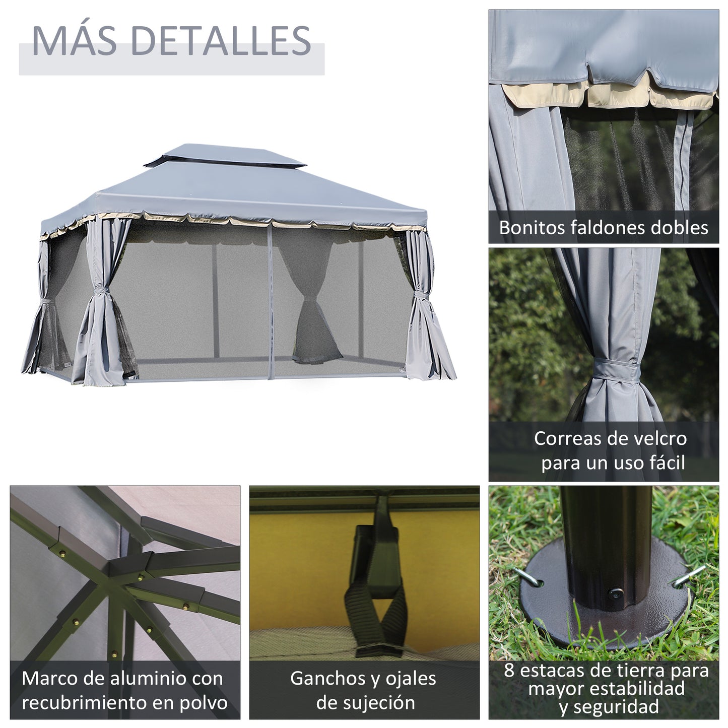 Outsunny Cenador De Jardín 4x3 M Pabellón De Jardín Con Doble Techo Gris_5