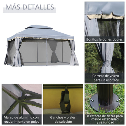 Outsunny Cenador De Jardín 4x3 M Pabellón De Jardín Con Doble Techo Gris_5