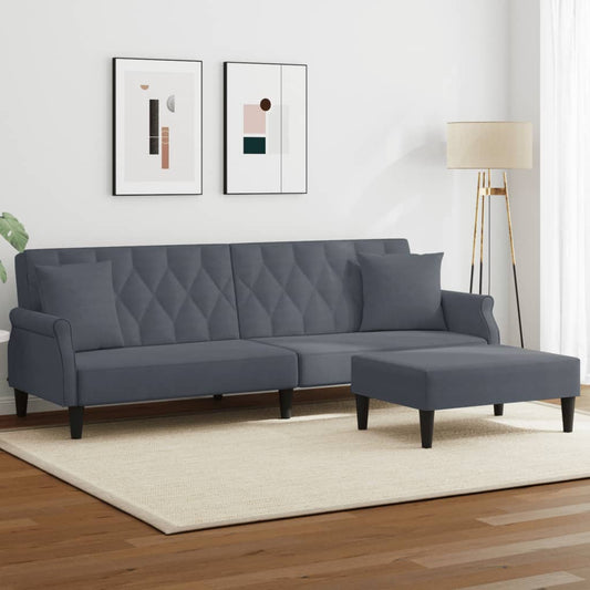 Sofá Cama 2 Plazas Y Almohadas Taburete Terciopelo Gris Oscuro / Vetonek_0