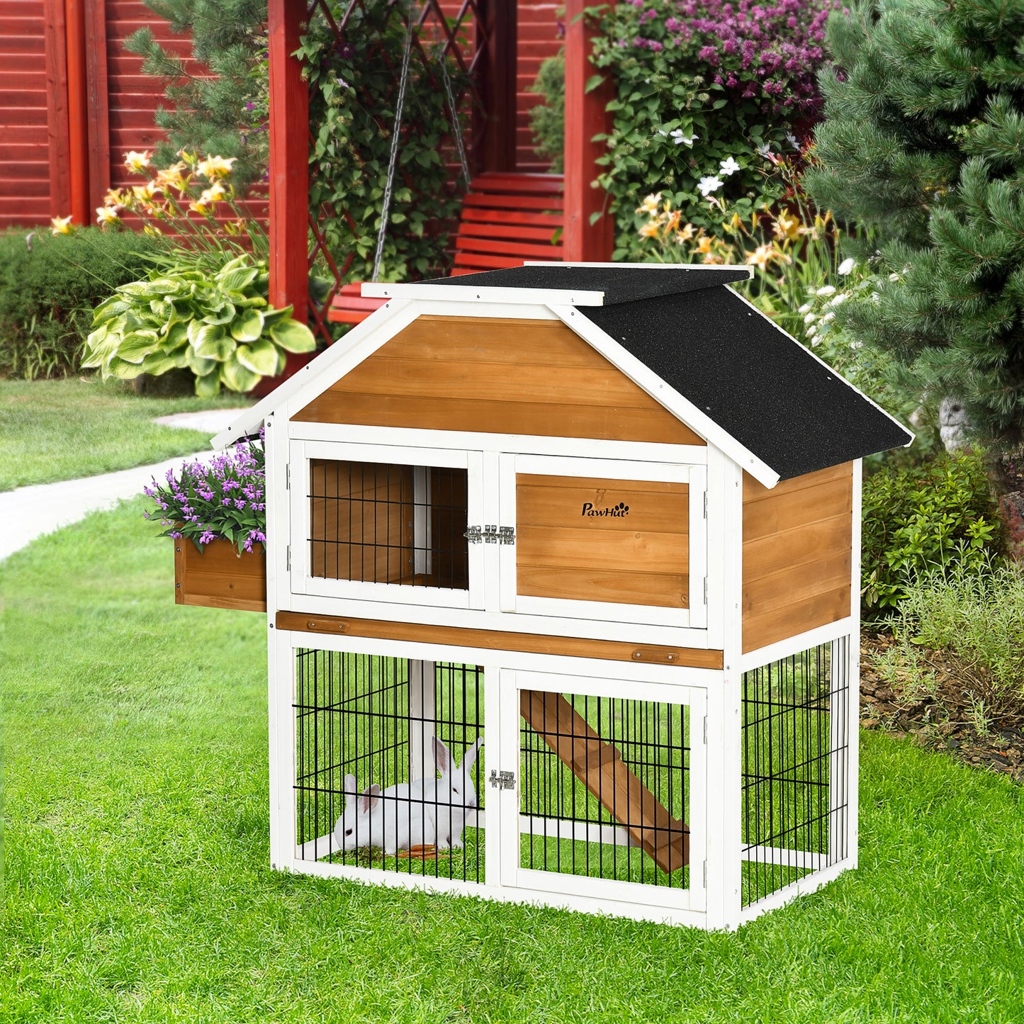 Pawhut Conejera De Madera Exterior Con Techo Asfáltico Y Jardinera 123x58x106cm_1