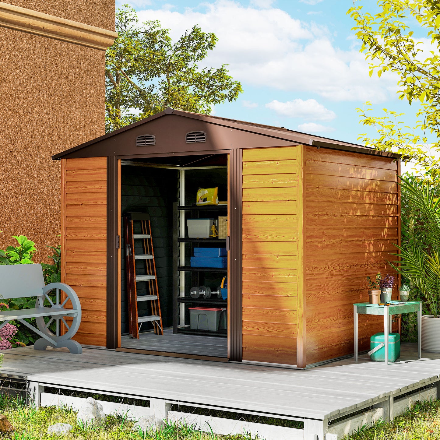 Outsunny Cobertizo De Jardín Exterior Con 2 Puertas 4,84m² 278x195x215cm Natural_1