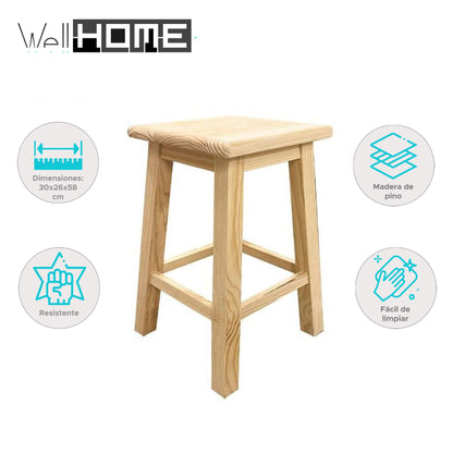 Well Home Taburete de Madera Maciza Cuadrado Color Natural (31 x 31 x 50 cm)_1