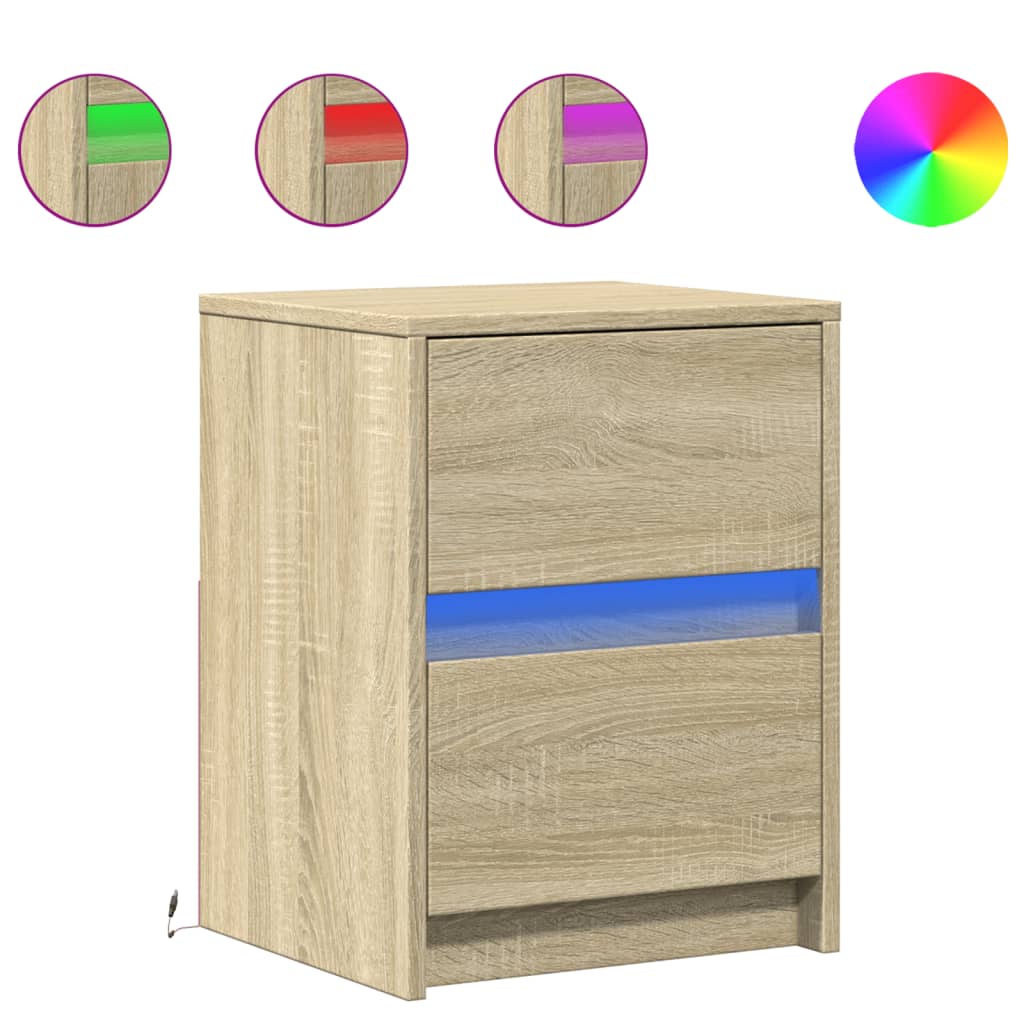 Mesitas De Noche Luces Led 2 Uds Madera Ingeniería Roble Sonoma_0