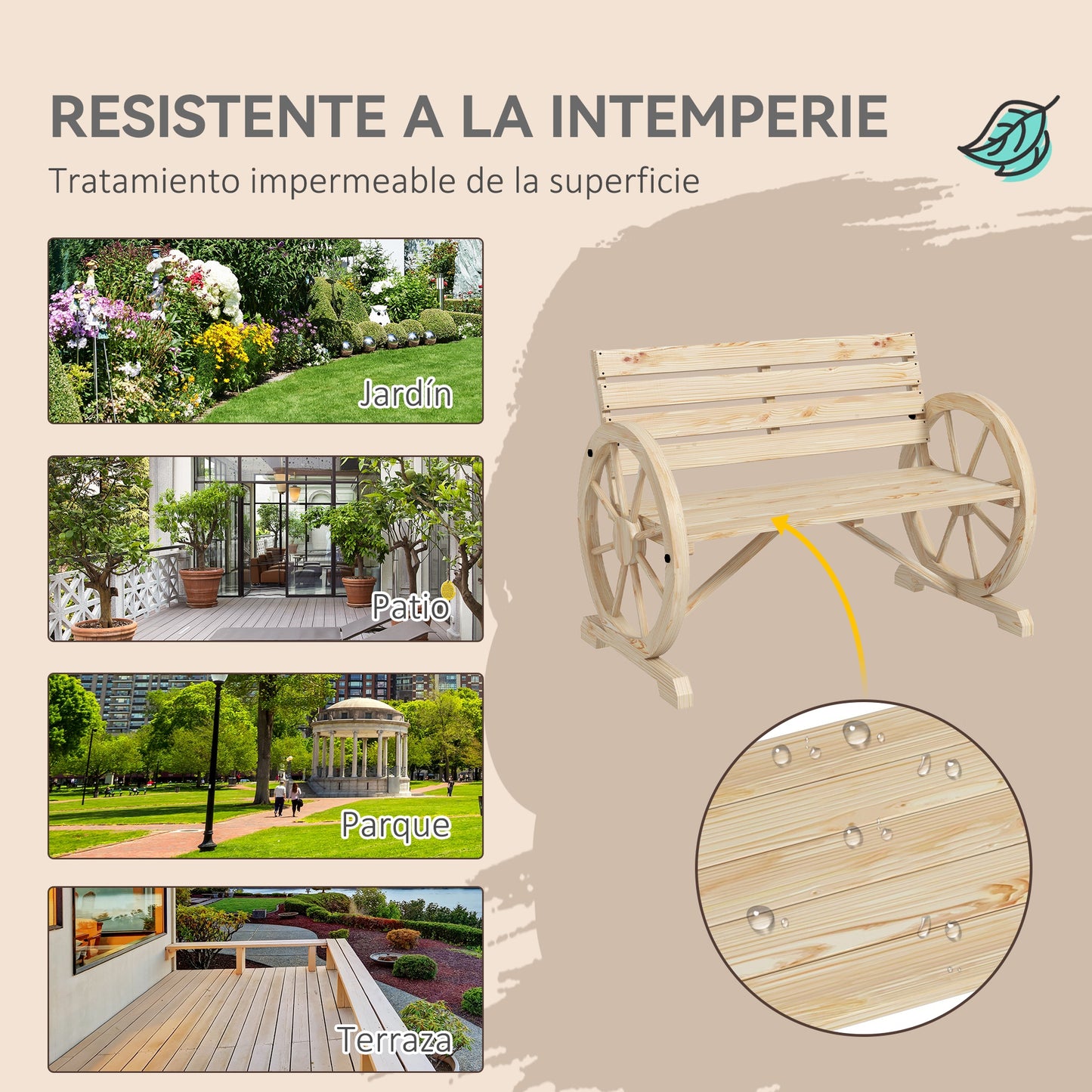 Outsunny Banco De Jardín De Madera Reposabrazos En Forma De Rueda Carga 240 Kg_5