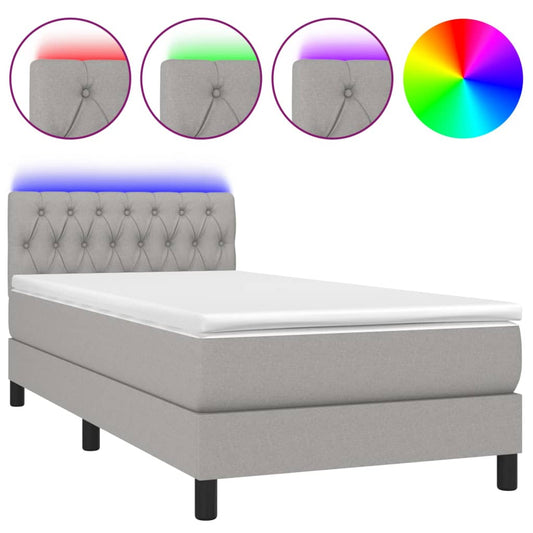 Cama Box Spring Colchón Y Luces Led Tela Gris Claro 100x200 Cm / Vetonek_0