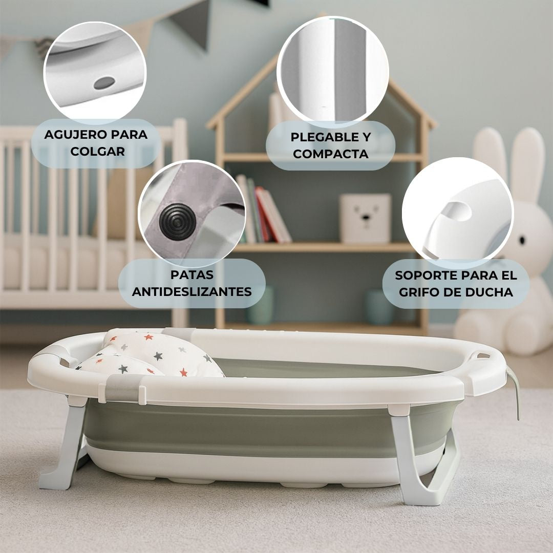 Bañera Plegable Gris Para Bebés, Cojín Reductor, Termómetro, Patas Antideslizantes Gris Bathby_3