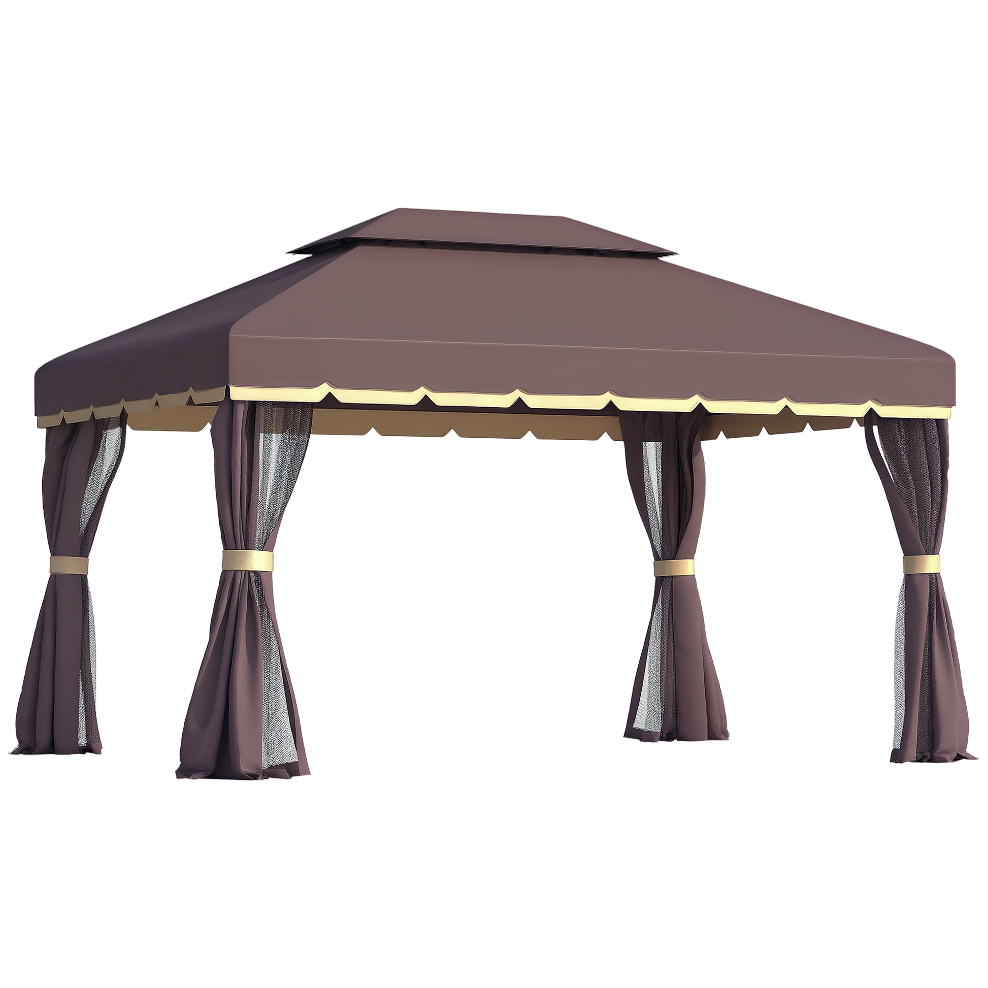 Outsunny Cenador De Jardín 4x3 M Con Doble Techo 4 Cortinas 4 Mosquiteras Café_0