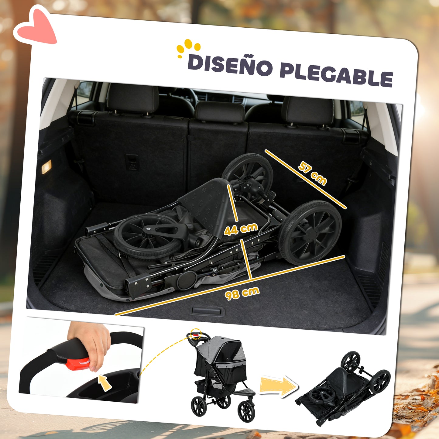 Pawhut Carrito Para Perros Plegable Con 3 Ruedas 109,5x57,5x106,5 Cm Gris_5