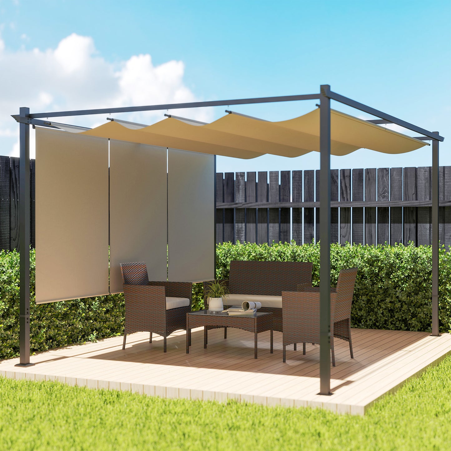 Outsunny Pérgola De Jardín 4x3 M Con Techo Retráctil Y 3 Laterales Enrollables_1