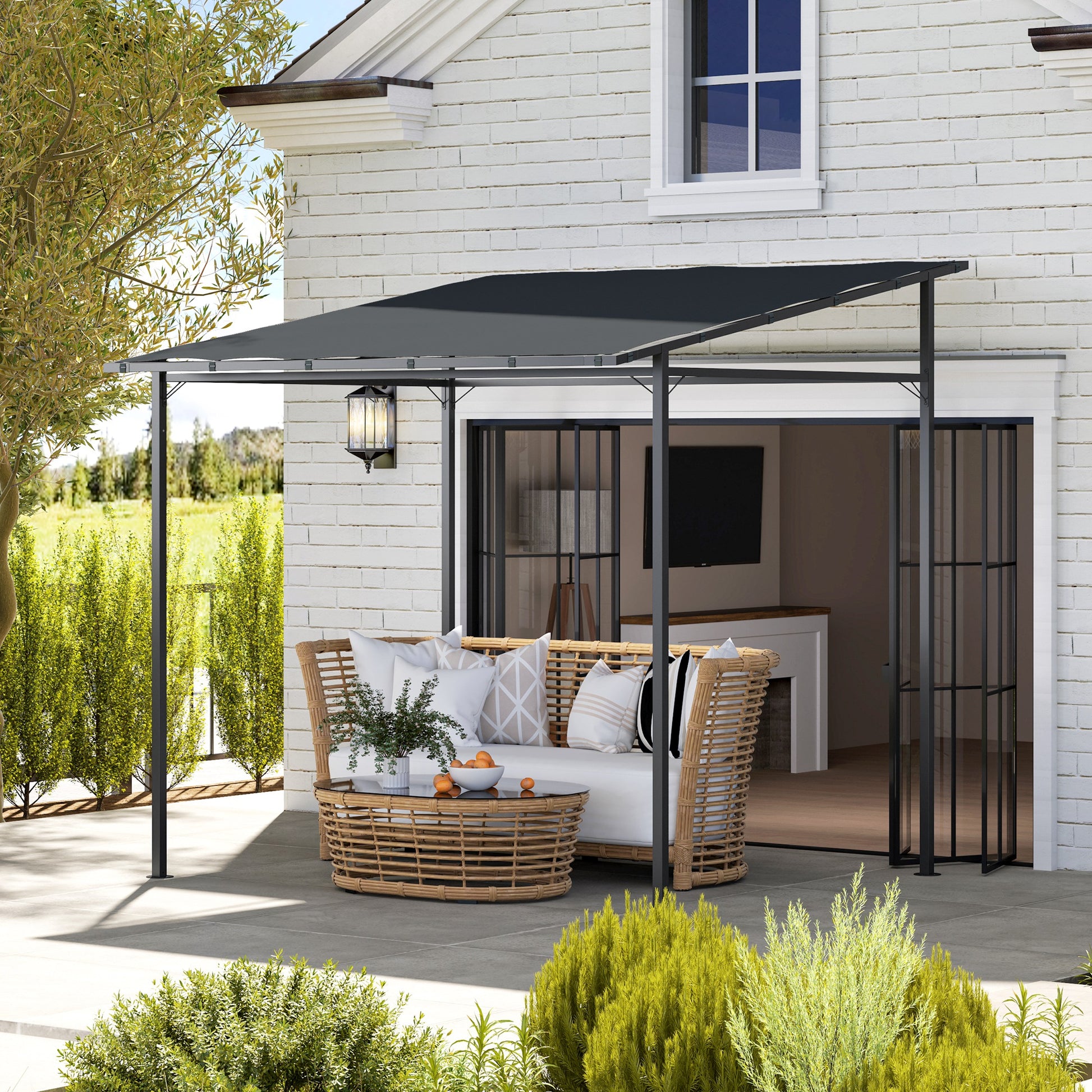 Outsunny Pérgola De Pared 2,4x2,4 M Con Techo Inclinado Protección Uv 30+ Gris_1