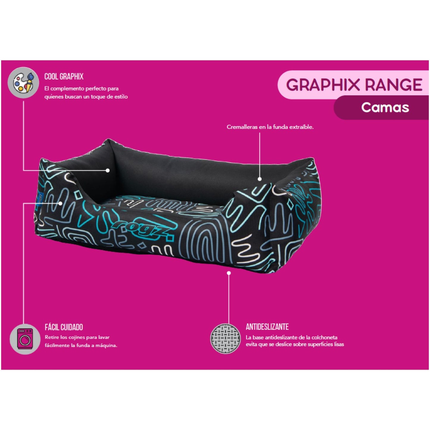 Cama Para Perro Rogz Graphix 101x64x33cm Estampado Doodle Talla Xl (39-64kg)_1