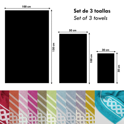 Juego De 3 Toallas De Baño De Algodón De Rizo 450 Gr/m2, De 50x30; 100x50; 150x100 Cm., Color Fucsia_2