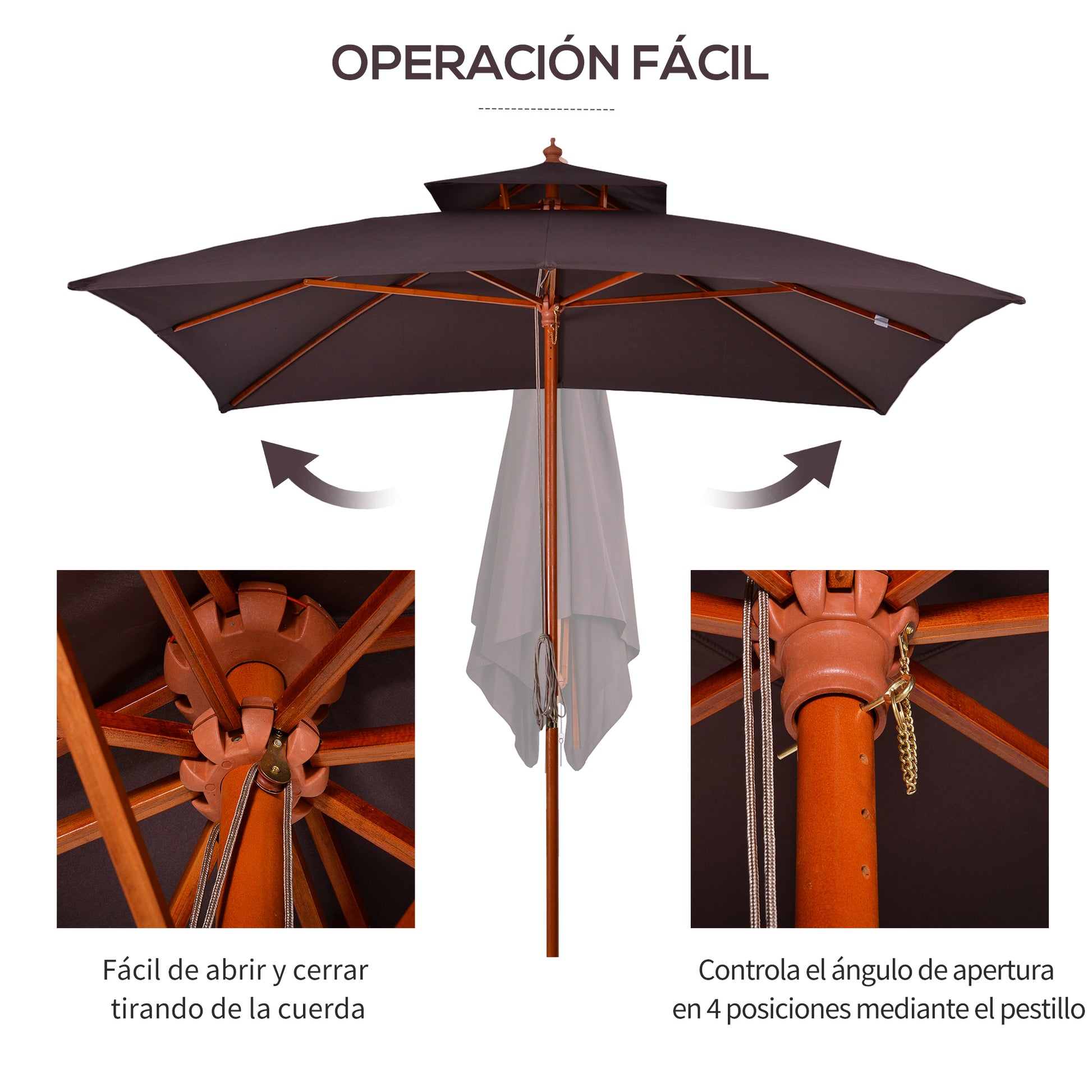 Outsunny Sombrilla De Jardín 3x3x3 M Con Doble Techo Sistema De Polea Marrón_5