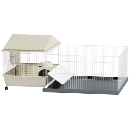 Pawhut Jaula Para Animales Pequeños Con Corral Desmontable 108x71x57 Cm Beige_0